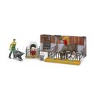 New barn with cow, calf and farmer figurine and other accessories