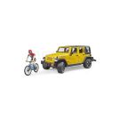 Jeep Wrangler Rubicon s postavou cyklistu a horským bicyklom