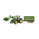 John Deere 7R 350 tractor with front loader and 2-axle trailer