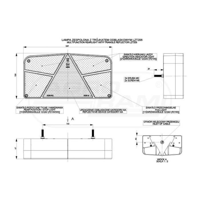 Združená lampa s odrazovým trojuholníkom a dvoma smerovkami – ľavá HORPOL