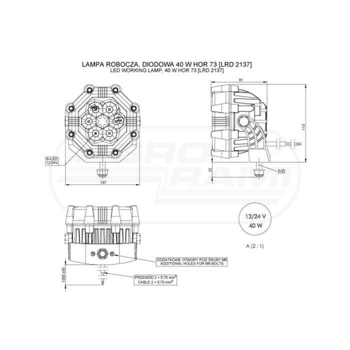 HOR73 pracovná lampa 32W LED 12/24V kábel 2x0,75mm-1,5mb 3000lm