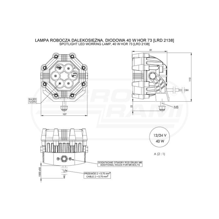 HOR73 pracovná lampa s dlhým dosahom 32w LED 12/24V kábel 2x0,75mm-1,5mb 3000lm