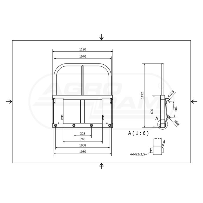 EURO-NORM bale transport forks 1000 kg, 4-tine (without teeth)