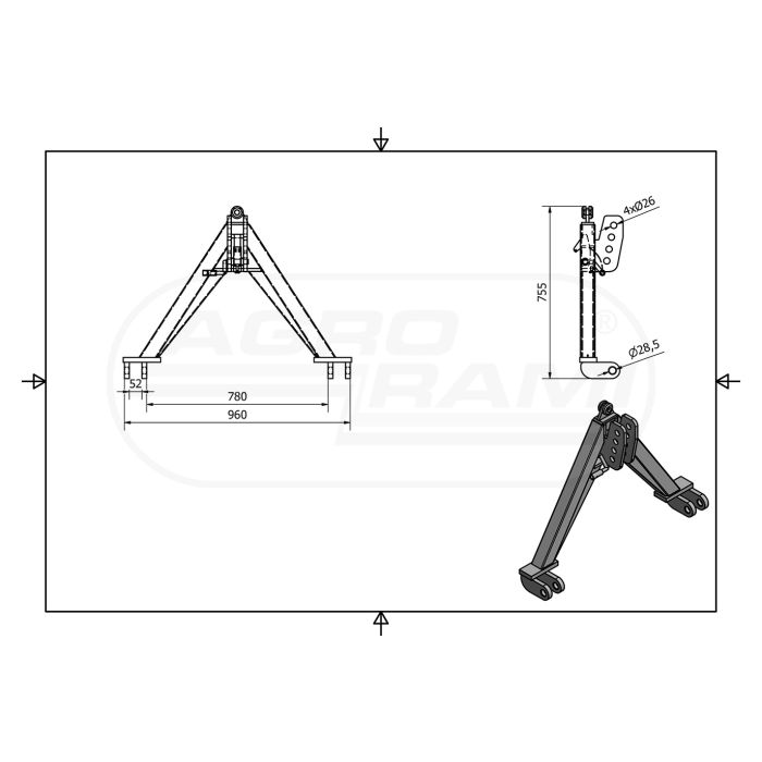 Three-point hitch triangle, category 2, for tools weighing max. 1,400 kg