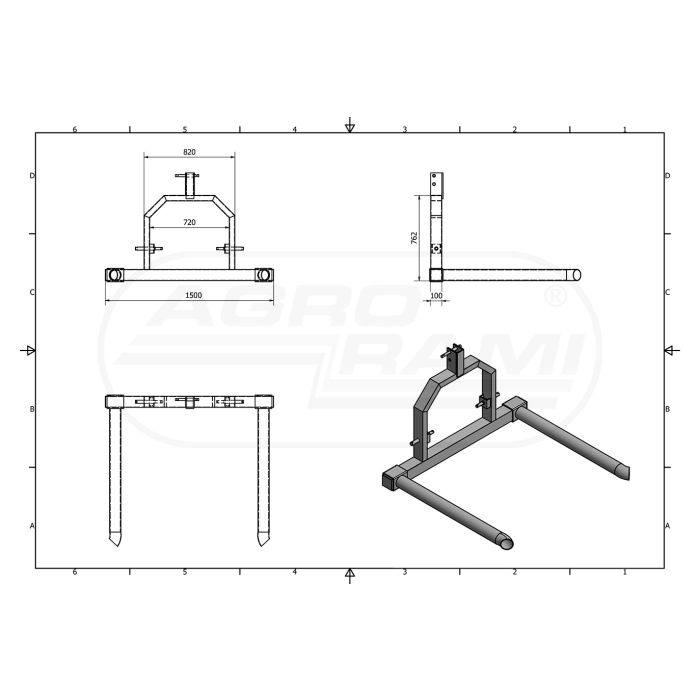 Tříbodové balíkovací vidle, kategorie 1, kategorie 2, 1000 kg