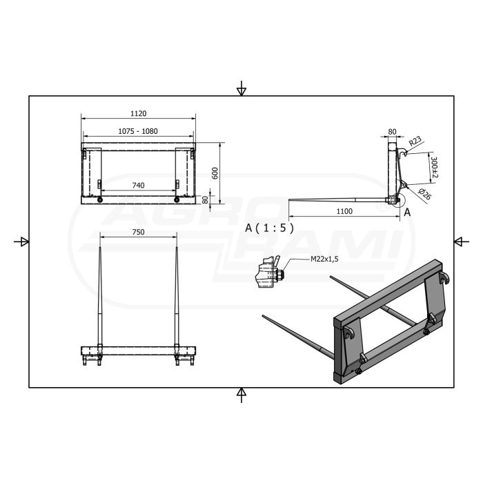 Frame, forks for transporting large bales of 700 kg