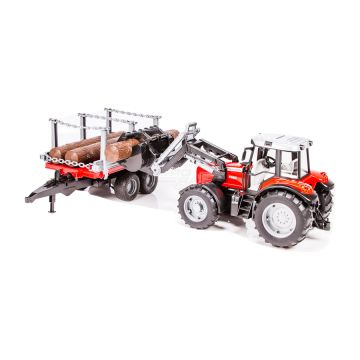 Traktor Massey Ferguson 7480 s čelným nakladačom a prívesom na drevo Bruder 02046